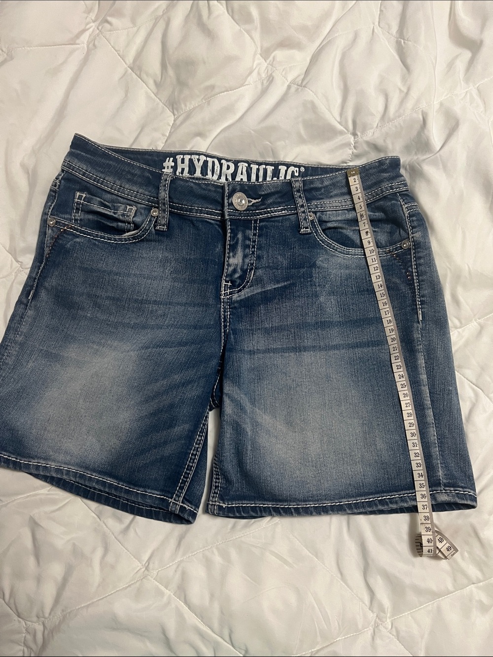Hydraulic Denim Shorts in Faded Blue with White Logo